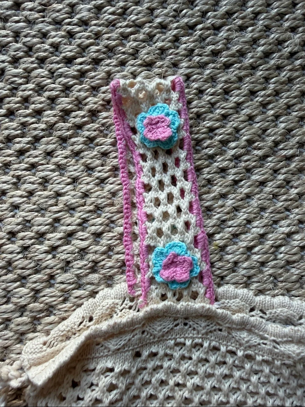 Handmade Crochet Tank Top & Shorts Set - Cream with Pink & Teal Flower Accents